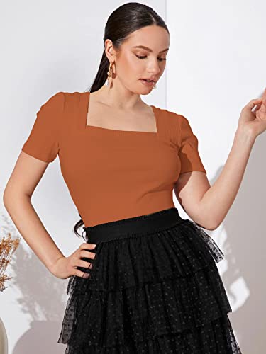 Image of Shasmi Women Polycotton Regular Fit Solid Knitted Square Neck T-Shirts Short Puff Sleeve Tops (TOP 52)