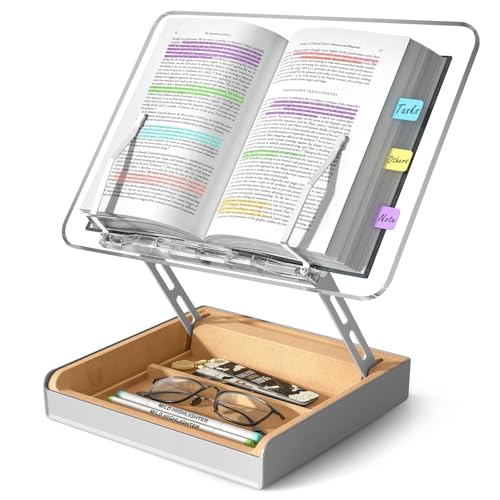 Image of Book Stand with Storage, Book Holder for Reading Hands Free, Wooden Cookbook Stand for Kitchen Counter, Adjustable Reading Stand for Desk, Recipe Stand, Book Prop for Book Lovers (Clear)