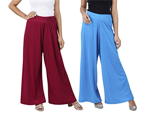 Image of Buy That Trendz Palazzo Pants for Women Cotton Rayon Elasticated Regular Fit Flared Wide Leg M to 6XL Pack of 2