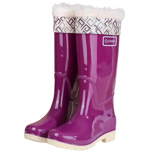 Botas de agua para mujer, botas de lluvia de moda, slip-on de caña alta, zapatos para exteriores para senderismo, camping, uso diario, tacón bajo cómodo, zapatos con cadenas para nieve para mujer