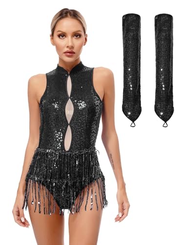 renvena Femme's Lyrique Latin Dance Outfits Manches Absentes Dos Nu Sequins Tassel Leotard Avec Gants Longs En Sequins  XL