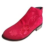 Absatzhöhe: 3 cm MasteriOne Damen Kurz Regenstiefel Chelsea Boots rutschfeste Ankle Stiefeletten Retro Frauen Wildleder Square Heel Reißverschluss Stickerei Kurze Stiefeletten Runde Zehen Schuhe