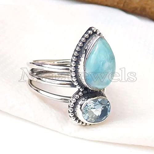 Larimar Ring, 925 Sterling Silver, Multi Stone Ring, Nickel Free, Handmade Jewelry, Natural Larimar & Blue Topaz Ring, Dainty Ring, Statement Gift For Women, Sky Blue Topaz Ring, Gypsy Boho Ring #TOP2