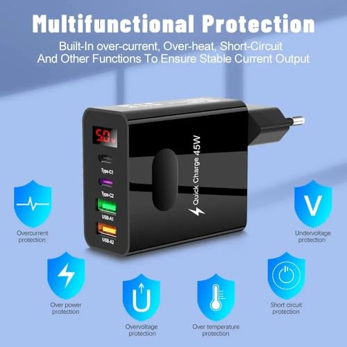Image of Auorld 45W 4-Port USB-C Fast Charger with Digital Display, Compatible with iPhone 16 /15 /14 /13 Pro Max, iPad Air /Pro, Galaxy S24 /S23 & More - Multi-Port USB C Adapter