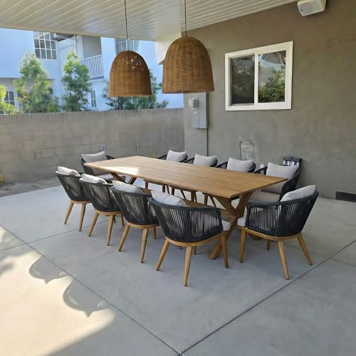 Image of PURPLE LEAF 11 Pieces Patio Dining Set Wicker Outdoor Furniture Rectangular Table and Chairs Set for Garden Deck Teak-Finish Aluminum Frame Backyard Kitchen Set, Cushions and Pillows Included