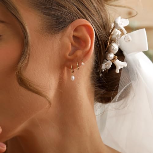 Image of Gold Earrings for Women, 14k Gold Plated Dangle Huggie Earrings for Women Trendy Dainty Gold Hoop Earring Stacks Hypoallergenic Pearl Chain Drop Cartilage Earring Fashion Womens Jewelry