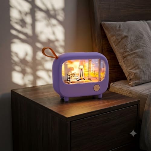 Image of DreamGlow Mini TV Night Light for Kids & Bedroom Decor, Cute Retro LED Bedside Lamp with Warm Ambient Light, Portable Rechargeable Aesthetic Room Decor Gift (Purple)