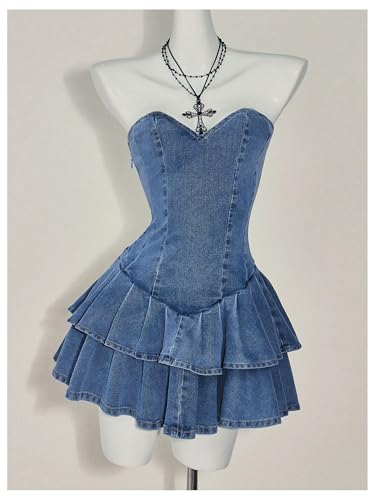 WDIRARA Women's Layered Ruffle Strapless Mini Denim Dress Sleeveless A Line Tube Dresses3