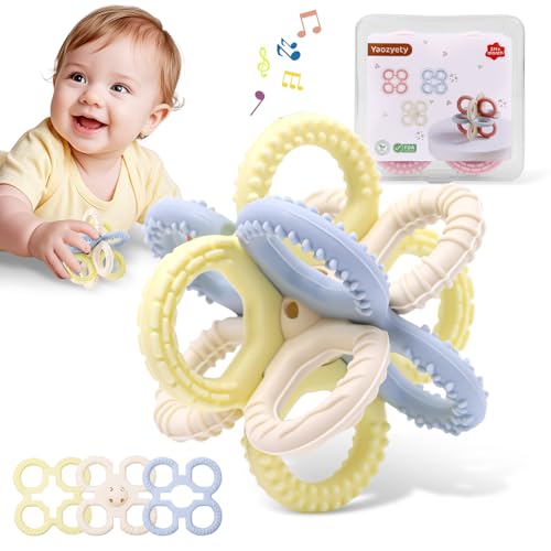 Image of Baby Teething Toys 3 in 1 Silicone Teethers - BPA Free Food Grade Silicone Teething Ring Rattle Toys for Babies 3-6 Months 6-12 Months, Soft & Easy Hold, Baby Chew Toy for Toddlers (Yellow)