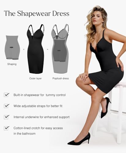 Image of Popilush Women's 2026 V Neck Mini Dress Sexy Lace Bodycon Shapewear Dresses Cocktail Party Evening Date Night