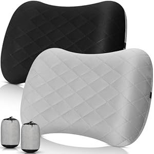2 Pack Camping Pillow Inflatable Travel Pillow with Removable Cover Backpacking Pillow Blow up Pillow Neck Air Pillow Compressible for Lumbar Support, Travel, Hiking, Black and Grey