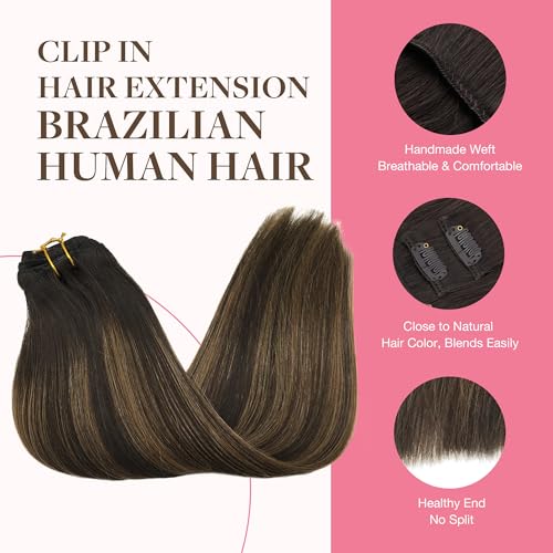 Image of GOO GOO Clip in Hair Extensions Real Human Hair, Remy Human Hair Extensions Clip ins for Women, Natural Human Hair, 20inch 150g 9Pcs, 2 /6 /2 Balayage Dark Brown to Chestnut Brown