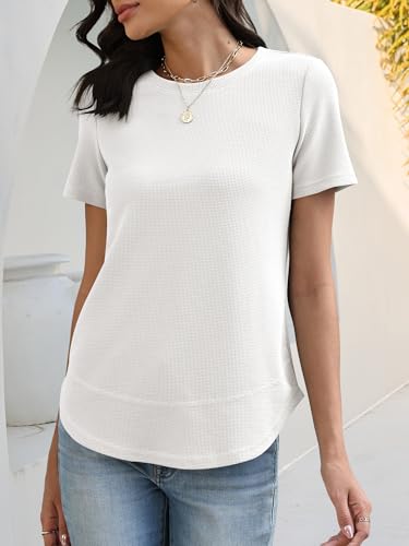 Image of ANRABESS Womens Waffle Knit Tops Short Sleeve Crewneck Shirts Curved Hem Summer Dressy Casual Blouses Spring Fashion Clothing