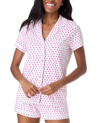 Image of Womens Pajamas Set Trendy 2 Piece Button Down Monkey Shorts Set Y2k Roller Dupes Rabbit Long Sleeve Preppy Loungewear Pjs, XX-Small, Pink Heart