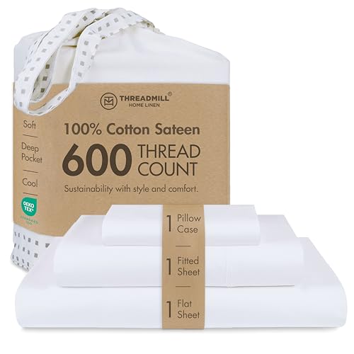 Image of Threadmill 100% Cotton Sheets for Twin Size Bed - 600 Thread Count Twin Bed Sheets Set with 15 inch Deep Pocket - Sateen Weave 3-Piece Bedding Set with Cooling Effect, White