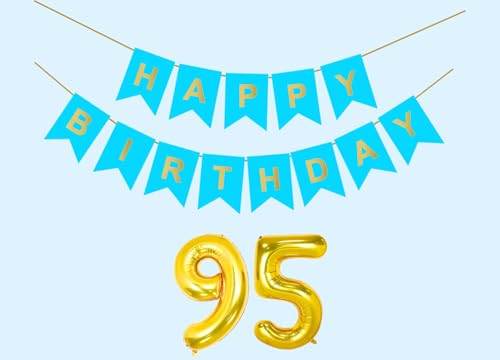 Image of 95th Sky Blue Happy Birthday Decoration Kit for 95 year Old Men Women with Number Ninety-five Party Decorations Decor Celebration Items Item Set Combo Reusable Paper Banner