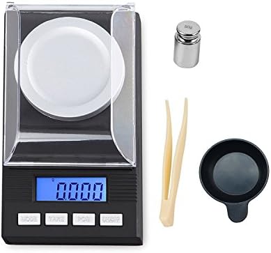 50g/1.7637oz High Precision Digital Milligram Scale, 0.001g /0.0001oz Accuracy, Portable Jewelry Scale Digital Weight with Calibration Weights Tweezers and Weighing Pans