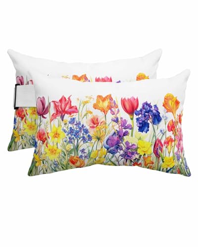 Watercolor Floral Outdoor Beach Pool Chaise Lounge Chair Head Throw Pillow Covers 12x20 With Insert And Adjustable Elastic Stripe Set of 2,Lumbar Cushion Pillow Cases,Botanical Wildflower Leaves White
