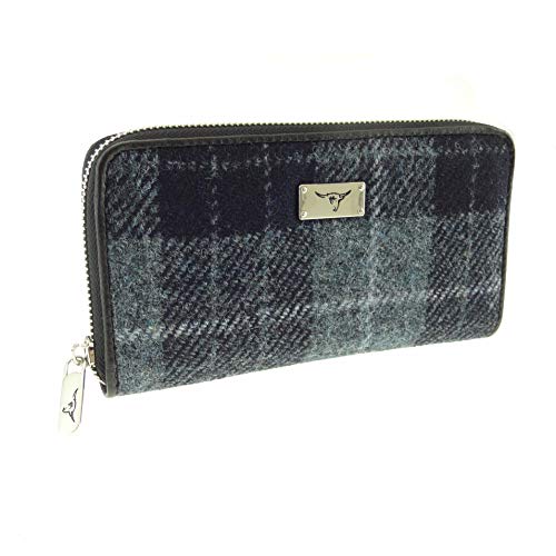 KWH Glen Appin of Scotland Grey & Black Tartan Check Harris Tweed Ladies Staffa Zip Round Purse Wallet