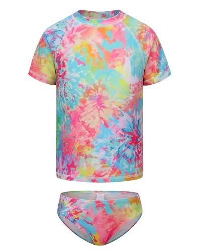 Image of Girls Two Piece Rash Guard Swimsuits Set Short Sleeve Bathing Suit for Kids Hawaiian Swimwear Set 3-16 Years