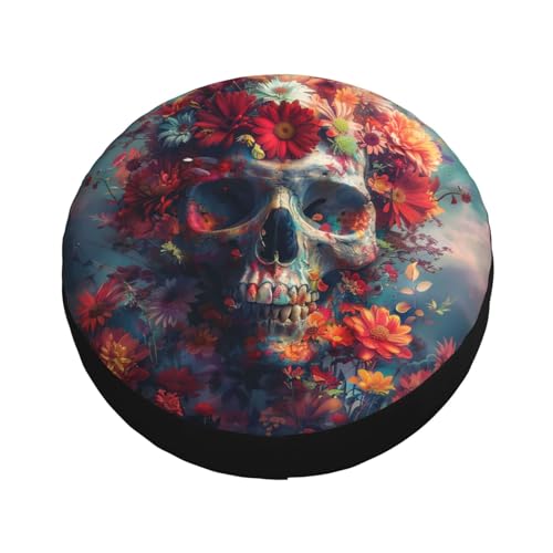 Image of Halloween Spare Tire Cover Skull with Flowers Tire Cover Universal Wheel Protectors Wheel Covers for Rv Camper Travel Trailer SUV Truck 16 Inch
