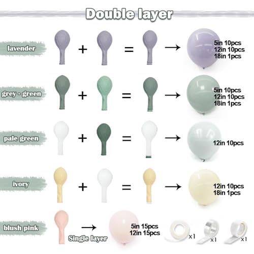 Image of Dusty Green Purple Pink Balloon Arch, Double Stuffed Lavender Light Sage Green Ivory Blush Pastel Balloon Garland Kit for Baby Shower Birthday Wedding Bridal Wild-Flower Tea Party Decoration