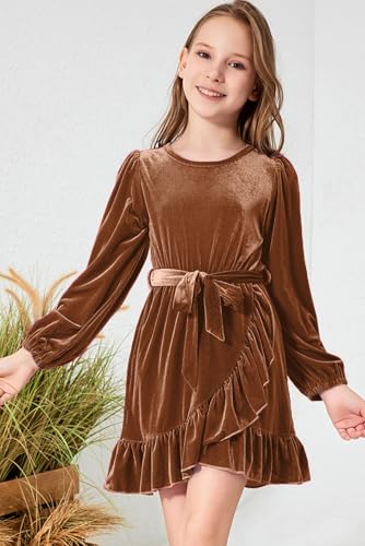 blibean Girls Velvet Dress Girl Long Sleeve Velour Dresses Size 6-15 Years4