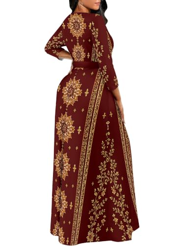 Image of Women Plus Size Long Sleeve V Neck Maxi Dress with Belt | Soft fabric relaxed fit three quarter sleeve v neck with pockets for party and daily wear