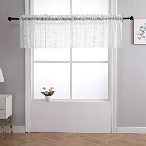 Finecity White Lace Valance For Kitchen Windows - Vintage Rose Floral Lace Sheer Curtain Rod Pocket Scalloped Window Valance Curtain, 52 X 18 Inch, 1 Panel, White Valance #TOP3