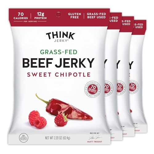 Think Jerky Sweet Chipotle Beef Jerky, Grass-Fed High Protein Beef Jerky, Gluten Free, No Antibiotics or Nitrates, Healthy Chef Crafted Recipe, Low Calorie and Low Fat - 2.2 oz Bags, 4 Pack
