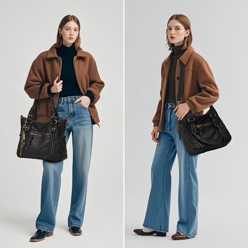 Image of Worldlyda Crossbody Bags for Women Large Tote Soft Leather Purses Washed Y2K Hobo Vintage Handbag Shoulder City Bag