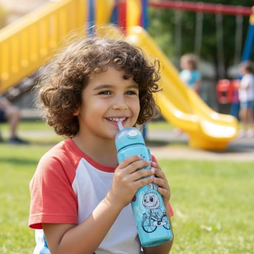 Image of Cartoon Printed Plastic Water Bottle for Kids Leak Proof Flip Cap Sipper Bottle with Strap School Drinking Bottle for Boys Girls Travel Office Use 900 ML (Green)
