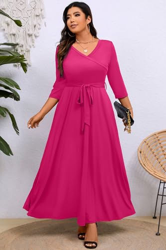 Image of Runwind Plus Size Dress for Women - 3 /4 Sleeve V Neck Maxi Dresses for Women (XL-6XL)