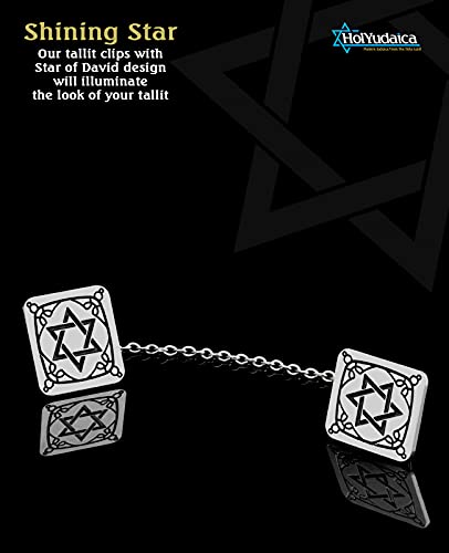 Clips for Tallit Prayer Shawl, Made in Israel, Silver Color wirh a Star of David and Design, 3CM / 3.5CM2