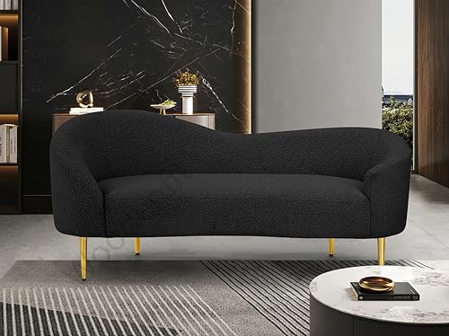 Image of Rosewood Luxury Curved Sofa in Premium Boucle Fabric | Solid Wood Structure | High Density Foam | Sturdy Golden Legs | Comfortable & Stylish Couch for Modern Living Room (Black, 2 Seater)