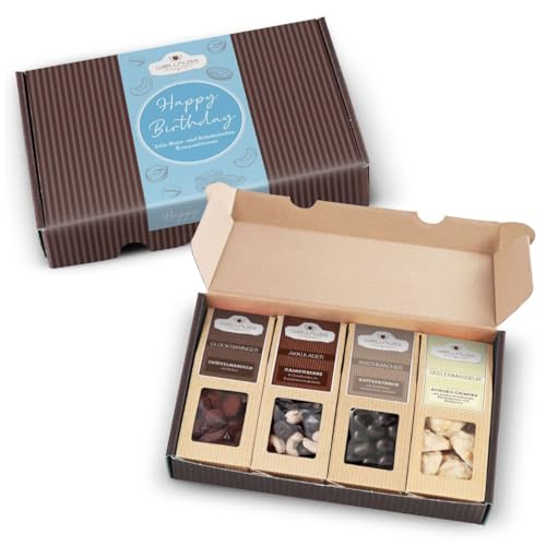 wellnuss Happy Birthday - 4 Schokoladensnack im Geschenkkarton - Best of Chocolate - Das Geburtstagsgeschenk für Feinschmecker und Genießer