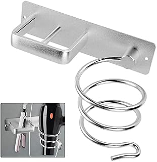 Ballshop Hair Dryer Holder for Dressing Table Wall Mounted Metal Aluminum Hairdryer Station With Cable Tidy Heat Resistant Spiral Hanging Rack with Holes Rack for Storaging Straighteners (Silver)