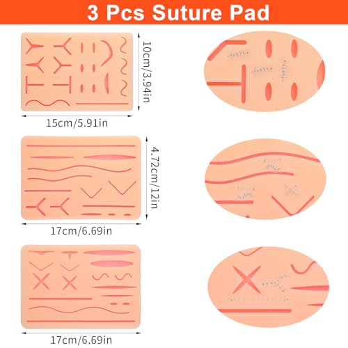 Image of 3 Pcs Suture Pad 3 Layer Suture Practice Pad with Wounds Practice Kit, Hard to Rip, Tear or Break for Medical and Vet Students Veterinarian Nurses Training and Practice(Classic Style)
