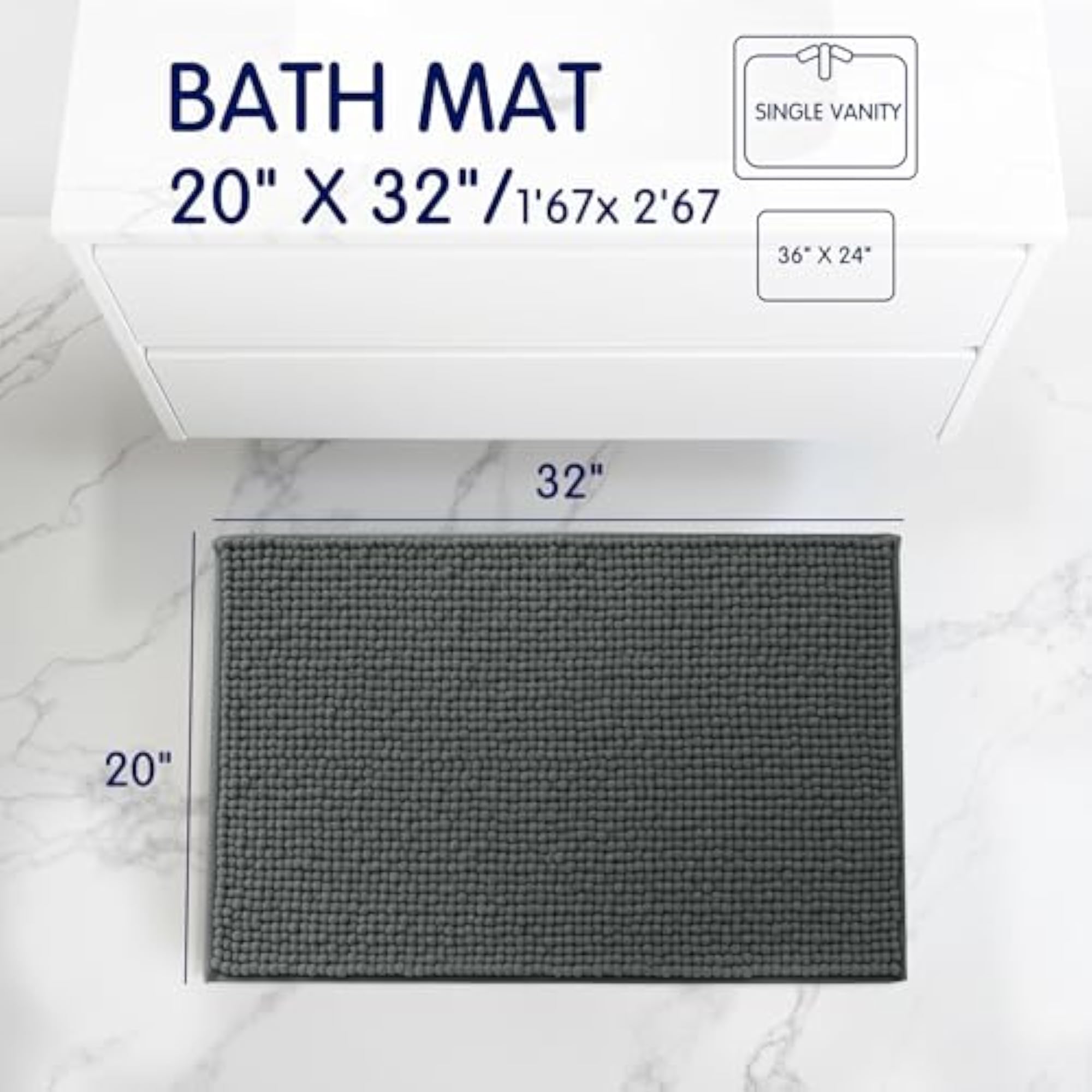 Chenille Short Plush Bath Mat, Non-Slip, Gray