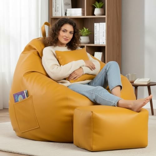Image of KAM'S LIEU 5XL Luxury Faux Leather Bean Bag with Footrest & Cushion | Pre-Filled High-Density Polystyrene Beans | Premium Leatherette | 6 Months Warranty Color- (Yellow, with Footrest)