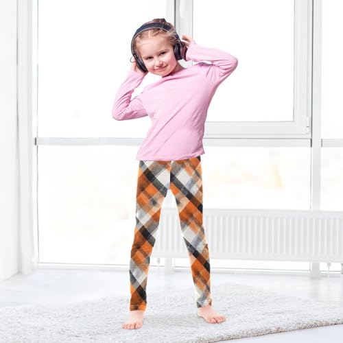 Girls' Athletic Leggings Ankle Length Yoga Dance Pants Kids Teen 4T Orange Black Plaid4