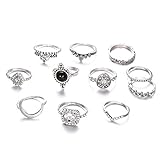 TOFBS Juego de Anillos para Nudillos para Mujer Niña Bohemio Vintage Plata Anillos Apilables Knuckle Finger Rings Flores Luna Cristal Piedra Diamante de imitación Turquesa Conjuntos de Anillos (11Pcs)