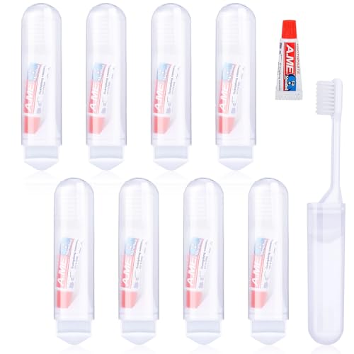 Apricitie 8 Stück Reisezahnbürste mit Zahnpasta, Klappbar Reise Zahnbürste Set Travel Toothbrush Mini Zahnbürste für Unterwegs Camping Reisen Kinder Erwachsene (Weiß)