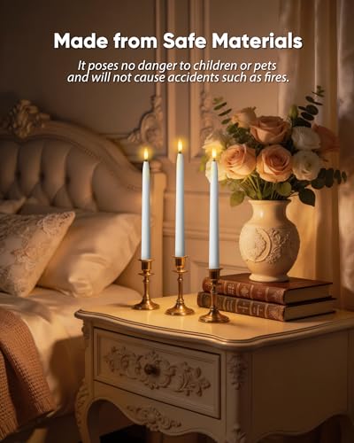 Image of Homemory 11 inches Waxy Flameless Taper Candles with Remote Timer Dimmer, 12 Pcs Battery Operated Taper Candles with Flickering Flame, White LED Candlesticks for Wedding, Christmas Indoor Decoration