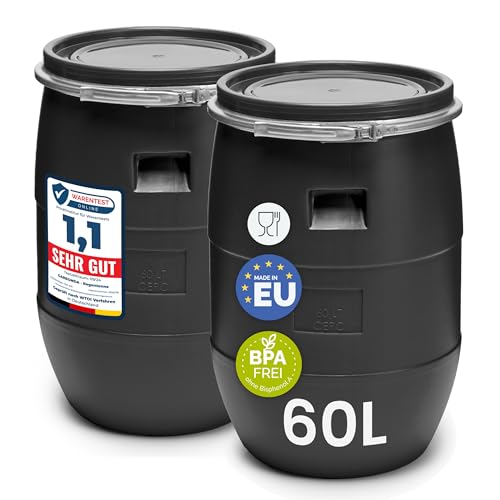 Garronda Set 2X 60 Liter Deckelfass Weithalsfass aus HDPE Regenfass für Garten Fass 60l Wassertonne Futtertonne Wasserbehälter Universalfass Wasserfass Lebensmittelfass Wassertank GD-0122, Schwarz