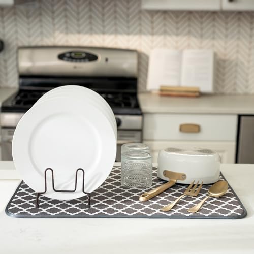 Image of S&T INC. Dish Drying Mat XL, 18 inch x 24 inch, Absorbent Microfiber Kitchen Counter Mat, Dish Drying Pad for Dishes, Utensils, Pots and Pans, Extra Large, Pewter Grey Trellis