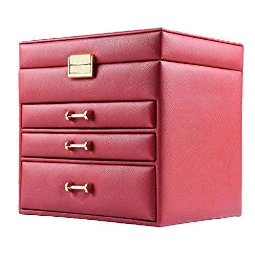 Liutao Joyero de Cuero del Grano Cruzado Flocado de Tela metálica de Bloqueo de múltiples Capas de Gran Capacidad Cajón Tipo de la joyería Caja de Almacenamiento (Color : Red) Cover
