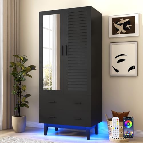 jiteentarou 2 Door Armoire Wardrobe Closet Cabinet with Drawers and LED Lights, Multi-Tier Shelves, Hanging Rod & 2 Louver Doors, Large Capacity Storage Wardrobe Armoire for Bedroom(2 Doors Black)