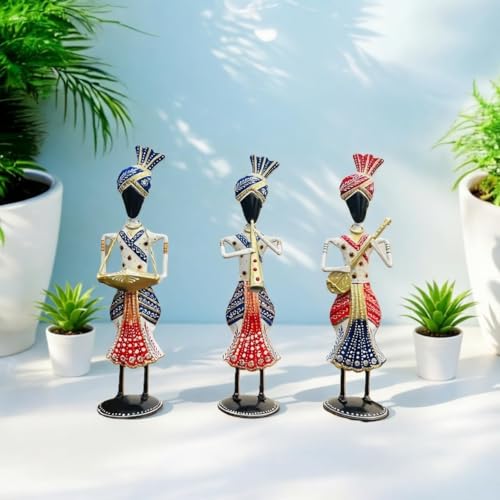 Image of Handcrafted Rajasthani Musician Figurines | Traditional Indian Art Showpiece for Home, Living Room, Office & Table Decor | Decorative Gift Item (White Tribal Musician)