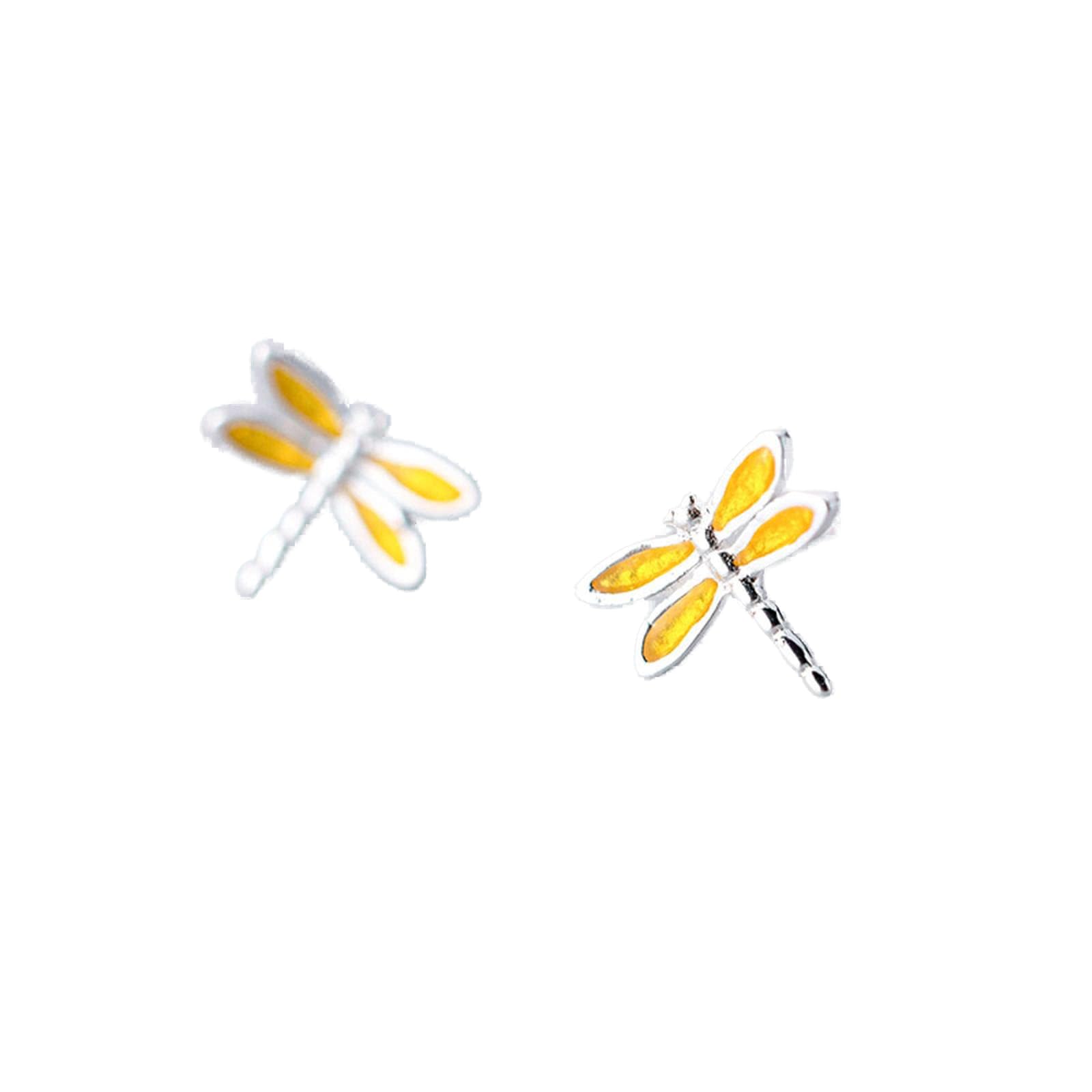 Salan Women's Silver,Yellow 925 Solid Real Sterling Silver Cute Yellow Dragonfly Stud Earring For Teen Girl Fine Silver Jewelry